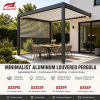Pergola motorisée minimaliste en aluminium à lames orientables avec éclairage LED périphérique continu, toit à lames réglables et lames latérales verticales résistantes aux intempéries