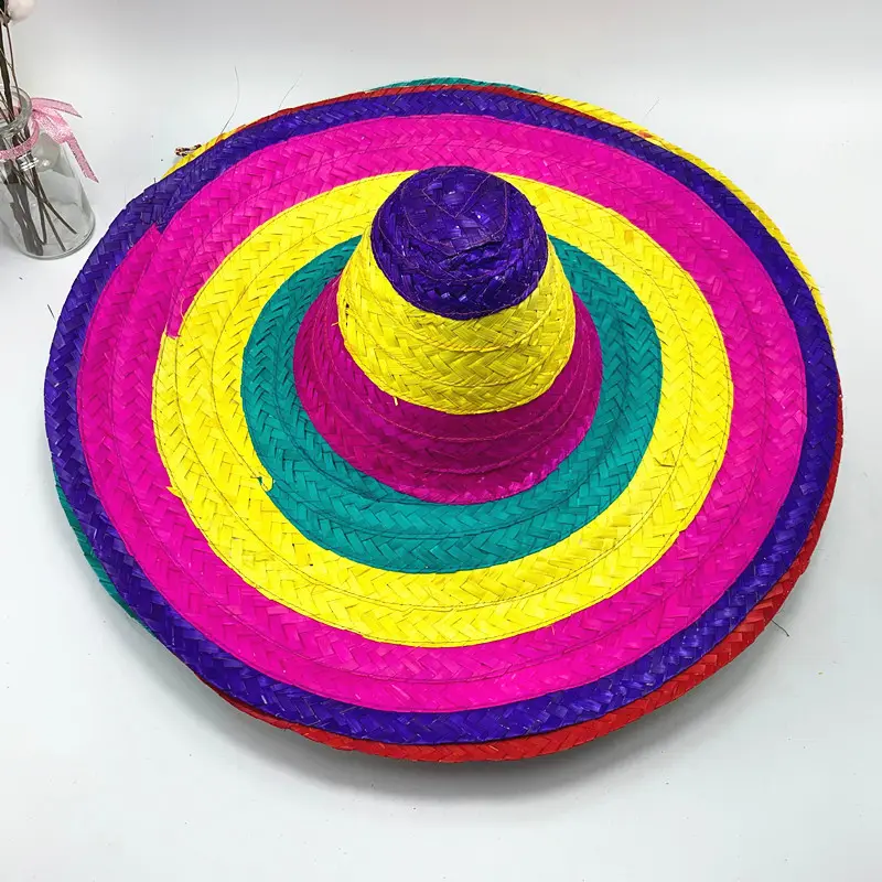 Topi Jerami Bobble Pelangi Karakteristik Nasional Mode Dekorasi Sedang Anyaman Meksiko