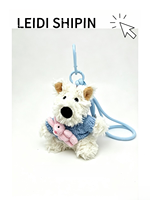 Porte-clés en peluche chiot blanc Kawaii avec pull tricoté bleu et mini lapin rose en peluche, pendentif de sac pour cadeau