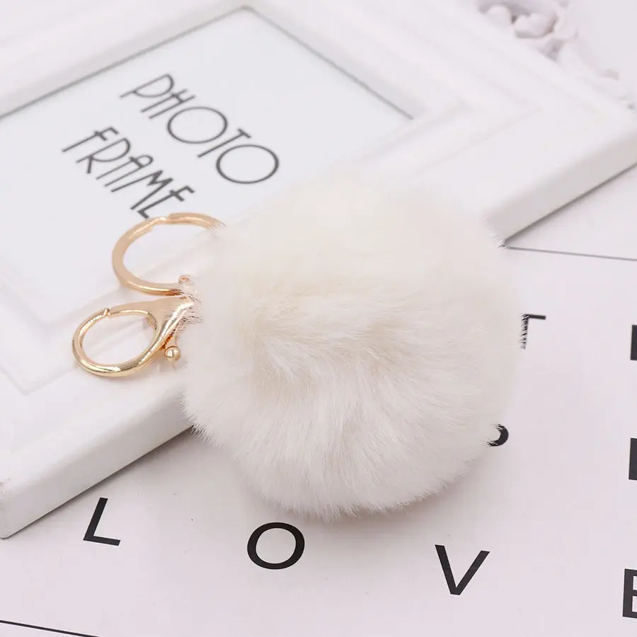 2024 new products amazon Gold Color Trinket Key chain Pompons Faux Rabbit Fur Fluffy KeyChains with factory price and plush keychain