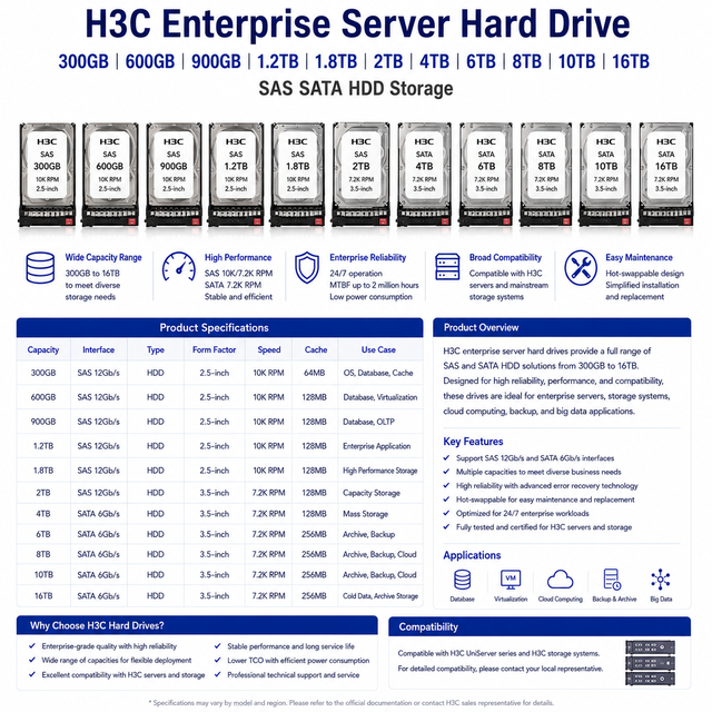 H3C Enterprise Server Hard Drive 300GB 600GB 900GB 1.2TB 1.8TB 2TB 4TB 6TB 8TB 10TB 16TB SAS SATA HDD Storage