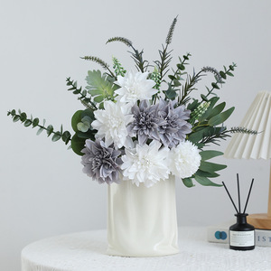 Weiwei <b>Bouquet</b> <b>Artificial</b> Dahlia <b>Bouquet</b> White And Gray Silk Flowers High Simulation Wedding Home Decor Props - Product Image 1