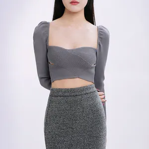 Cute Customize Knitted Short Leave Solid Drop Shoulder Sexy Sweater Jumper Crop Top For Women Luxury