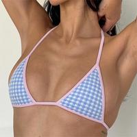 Ensemble de bikini triangle halter en Repreve bleu clair à carreaux, personnalisé par le fabricant, avec finition contrastante, micro-string, maillot de bain pour femmes, vêtements de plage