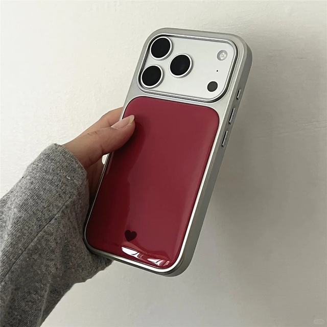 Wine Red, Brightening Effect, Heart Design - Suitable for Apple 17 Pro Max Phone Case; Uses Gelatinous Adhesive, 15