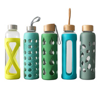 Bouteille d'eau en verre borosilicate de bambou écologique avec couvercle en bambou et manchon en silicone, 500 ml