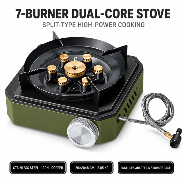 New Green Dual-core Seven-star Wind Protection Portable Outdoor Camping High-Power Split-type Isobutane Canister Stove 5+ People