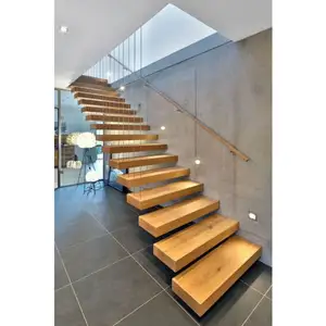 현대 유리 단계 플로팅 계단 하이 퀄리티 실내 나무 트레드 캔틸레버 계단