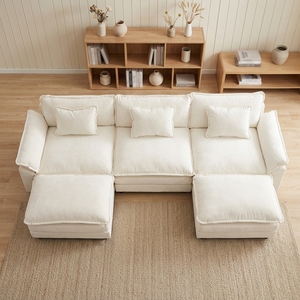 Sofá Seccional Modular Convertible en Cama, Cómodo, de Chenilla, con Estructura de PU, Respaldo Acolchado, Forma de U, Beige Blanco, para Sala de Estar, 3 Años de Garantía - Product Image 3