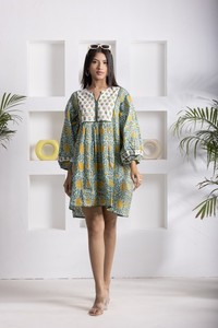 Flared Hem Sea Blue <b>Short</b> <b>Dress</b> With Printed Motif Detail In A-Line Shape Stylish Casual Women Fashion <b>Summer</b> Wear - Product Image 5