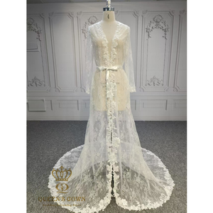 QUEENSGOWN Simple Elegant Soft Chantilly Lace Bridal <strong>Robes</strong> With Shining <strong>Sequins</strong> Long Sleeves Bridal Wedding <strong>Robes</strong> - Product Image 1