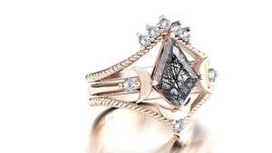 Ensemble de bagues de mariage en quartz rutilé noir en forme de cerf-volant, classique, en argent 925 plaqué or 14 carats, bagues en pierres précieuses pour anniversaires et fêtes, haute joaillerie - Product Image 2