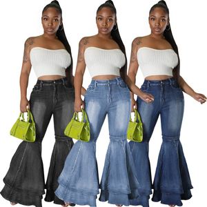 Jean évasé double coupe large pour femme en denim délavé – Tendance - Product Image 1