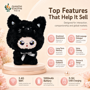 Grande Peluche Chat Noir IA 36cm avec Visage <span class=keywords><strong>de</strong></span> Poupée ABS, Nœud Blanc, Fonction <span class=keywords><strong>de</strong></span> Clonage Vocal, Mémoire Longue Durée, Plus <span class=keywords><strong>de</strong></span> 50 Langues, WiFi 2.4G, Puce TUYA T5 - Product Image 2