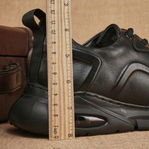 Chunky Shoes Men Genuine Leather <b>Round</b> Toe Lace-up Air <b>Cushion</b> Light Weight All Seasons Solid Black Sneakers - Product Image 2