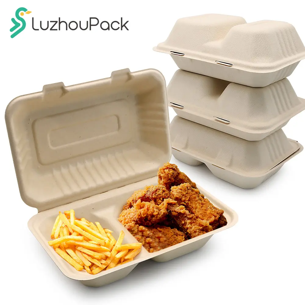 LuzhouPack Custom PFAS Free Degradable Biodegradable Clamshell Food Lunch Box Disposable Bagasse Food Container 9x6x3