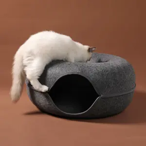 Sıcak satış oyuncak yuvarlak kapalı kedi yatak tünel donut keçe evde beslenen hayvan yatak