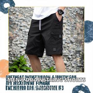 <b>Men's</b> Summer Casual <b>Woven</b> 100% Polyester Knee Length Mid Waist Solid Drawstring Loose Straight Leg Multi-Pocket Digital Cargo - Product Image 2