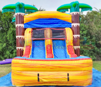 Salopette de fête gonflable, maison avec piscine, toboggan d'eau, oeis tropical, ensemble
