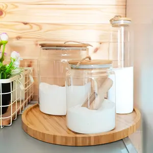 Ensemble de linge 5 pièces Grands pots de stockage en verre transparent avec couvercle en bambou et plateau en bambou