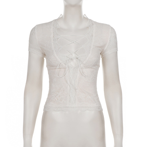 Camiseta de Manga Corta con Diseño de Encaje Estilo Francés, Transparencias y Lazos Cruzados en la Parte Delantera, Top Sexy y Moderno para Mujer - Product Image 6