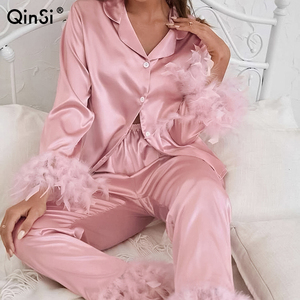 QINSI tüy ile 2025 kadın zarif saten pijama seti moda-rahat katı desen 2-Piece salonu giyim için bahar - Product Image 1