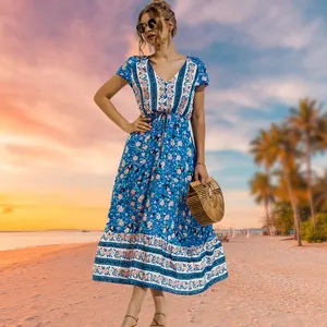 Yaz Hawaiian güneş elbise Boho Flowy bandaj çiçek baskı V boyun kısa kollu yüksek bel uzun Maxi plaj elbiseleri kadınlar için