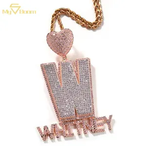 Hot Sale Hip Hop Jewelry Men Alphabet Initial Small Letters CZ Pendant Necklace Custom Heart Buckle Chain for Men Women