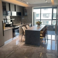 Table de salle à manger îlot en pierre frittée à plateau plat, îlot de cuisine intégré pour plans ouverts, usage domestique, petits appartements, sur mesure avec rangement