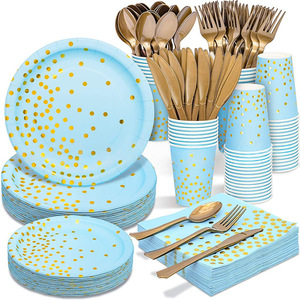 DAMAI - Vajilla Desechable de Papel Azul y Dorado para Fiestas, Platos, Servilletas y Vasos de Papel con Puntos Dorados y Azules para Bodas y Baby Showers - Product Image 1