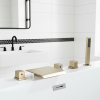 Robinet de baignoire thermostatique en laiton Homedec, à montage sur pont, 3 trous, mitigeur cascade, finition or brossé, poignée unique, jet doux