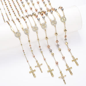 เครื่องประดับโรซารี่พระแม่มารีชุบทอง 14k ลูกประคำคาทอลิกประดับเพชร ลูกปัดสามสี - Product Image 1