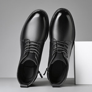 Bottes Chelsea pour hommes en cuir véritable, bout rond, doublure en peluche, semelle en caoutchouc isolante, chaudes pour l'hiver, tendance - Product Image 2