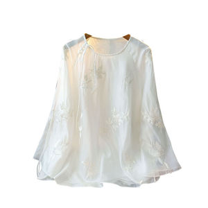 Camisa de cuello bordado de estilo chino <span class=keywords><strong>blanco</strong></span> de otoño para mujer, nueva moda superior, combina con todo, informal, holgado, botón de patrón sólido - Product Image 6