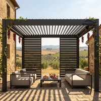 Pergola motorisée Airfun en aluminium avec finition bois écologique, toit rétractable à lames orientables, abri de jardin imperméable et naturel