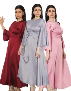 新款阿拉伯女装穆斯林现代缎面素色长裙时尚阿拉伯伊斯兰服装阿巴亚连衣裙