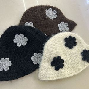 fashion packable woven <strong>hats</strong> for women crocheted knitted thick Warm <strong>bucket</strong> <strong>hat</strong> autumn winter warm <strong>crochet</strong> beanie cap with flowers - Product Image 2