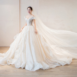 S0009H Off-Shoulder Luxury Bride Wedding Dress High Quality Royal Design with Dreamy Starry Sky Trailing Lace Decoration - Product Image 3