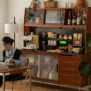 Aparador alto de madera maciza con compartimentos de almacenamiento para bar y comedor - Product Image 1