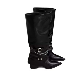 Women's fashionable high-heeled pointed-toe buckle leather western <b>boots</b> with classic style and long-lasting durability - Product Image 1