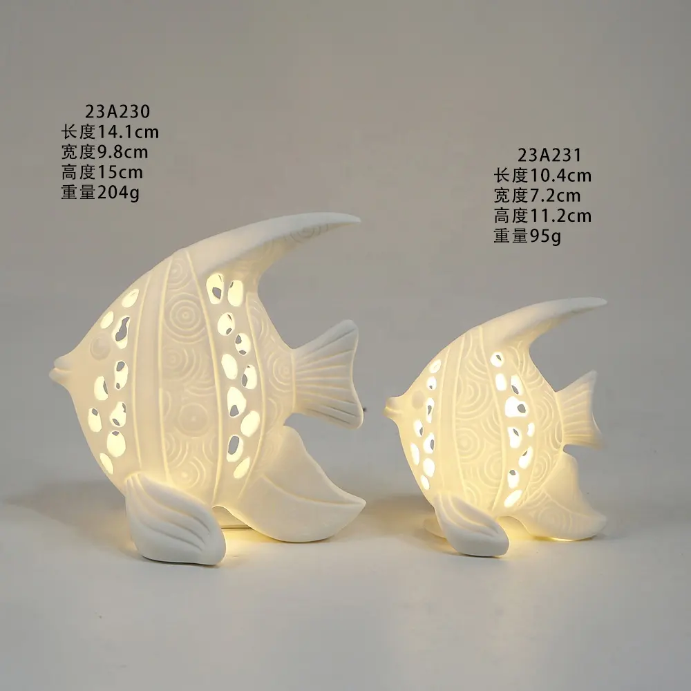 Adornos creativos de escultura de pez blanco, estatuas de animales de cerámica esmaltada, manualidades para regalos con luz LED para decoración del hogar