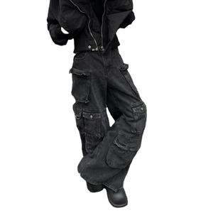 2025 American Heavy Industry Multi Pocket Splicing Niche Design Workwear <b>Jeans</b> Women's Versatile Casual <b>Flared</b> Pants - Product Image 1