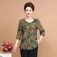 Kaus Wanita Lengan setengah motif, 2022 grosir Wanita Ibu kaus motif leher O kancing Senior wanita musim panas atasan kasual ukuran besar