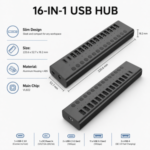 Hub <span class=keywords><strong>USB</strong></span> 3.2 Gen2 10 Gbps 16-en-1 en aluminium alimenté avec interrupteurs individuels et chargeur rapide QC3.0 - Product Image 4