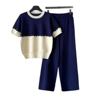 Ensemble pull tricoté d'été pour femme, manches courtes, col rond, blocs de couleur, pantalon coupe ample, tenue deux pièces, coupe ajustée, vêtements décontractés