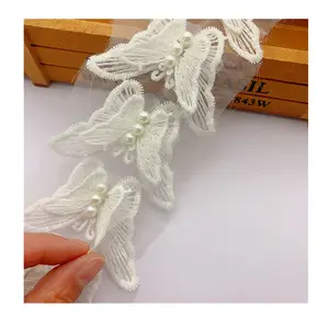 Beyaz DIY konfeksiyon aksesuarları kelebek dikiş boncuklu dantel trim geniş 7cm