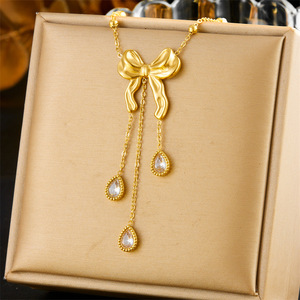 Bowknot Teardrop Tassel Pendant Necklace Gold Rhinestone Chain Jewelry Gift - Product Image 5