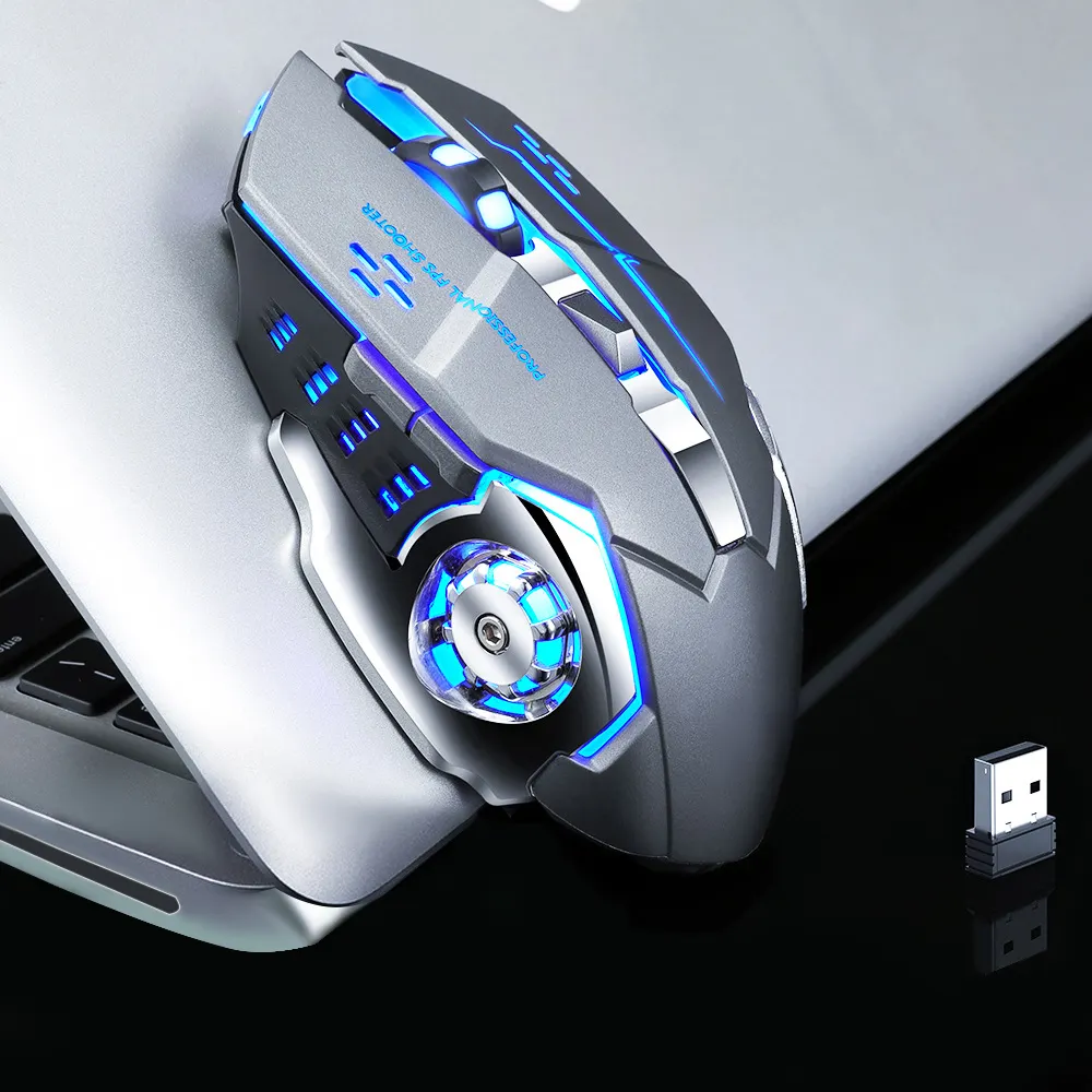 Mouse ricaricabile portatile silenzioso 2.4G Usb ottico 6D Computer RGB Led incandescente Rgp Gamer Mouse da gioco Wireless Mouse con pulsanti laterali