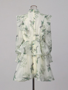 <span class=keywords><strong>Abito</strong></span> Primaverile 2026 Stile Mori Girl Retrò con Cintura, <span class=keywords><strong>Maniche</strong></span> <span class=keywords><strong>Lunghe</strong></span> per Donne, Motivo Floreale e Uccelli Azzurri, Gonna Corta con Bordo Arricciato - Product Image 4