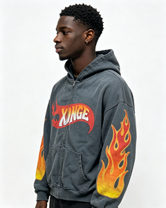 Sudadera con capucha personalizada Flame para hombre, estilo vintage, con gráfico, con cremallera, holgada, estilo streetwear, esencial. - Product Image 3